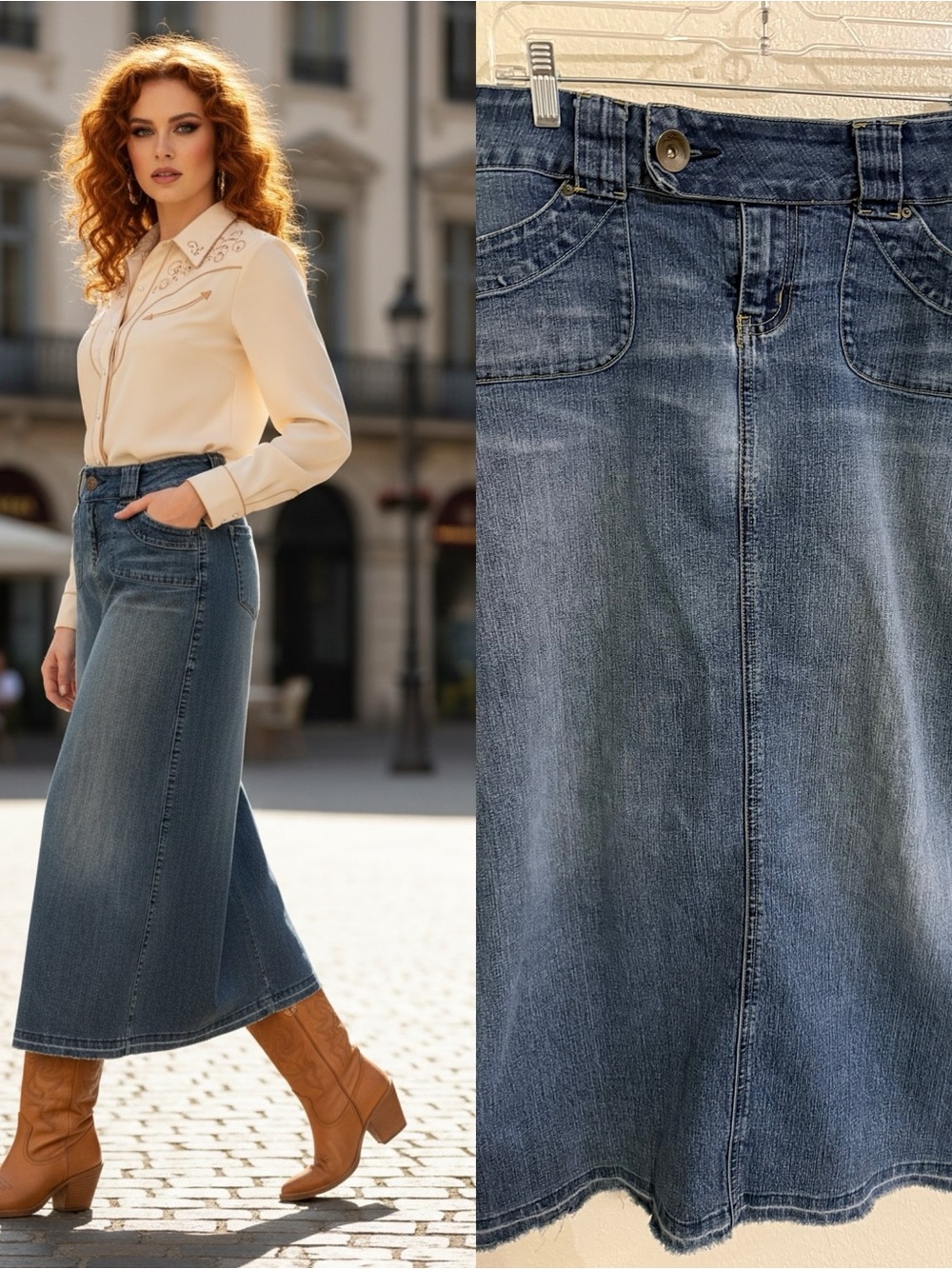 Karma Y2K Denim Maxi Skirt Raw Frayed Hem Embroidered Pockets